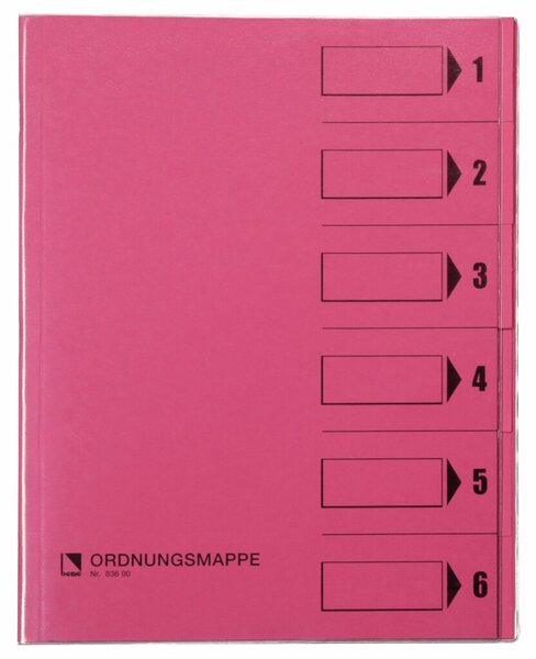 Ordnungsmappe, 6 Fächer, rosa, A4, Mappe - Karton 250 g/m2, mit