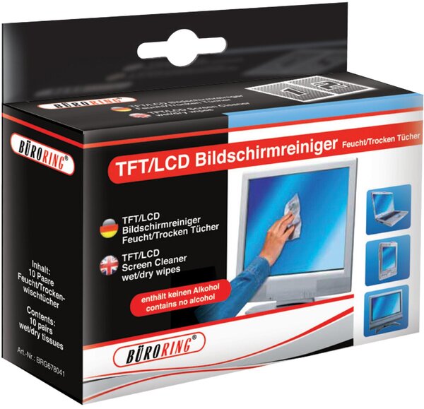 Büroring Bildschirm Reinigungstücher 10 Pckg.mit je 1Nass-/1Trockentuch