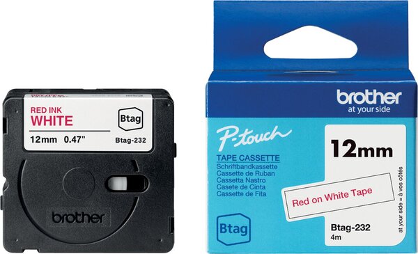 brother Schriftband Btag Btag-232 BTAG232, 12 mm rot auf weiß