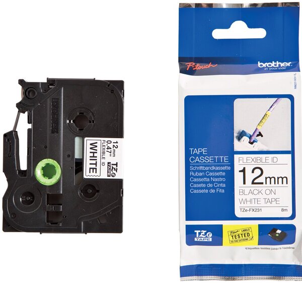 Farbb. P-Touch, 12mm/8m, weiß/schwarz Flexi-Tapes, laminiert Farbb. P-Touch, 12mm/8m, weiß/schwarz Flexi-Tapes, laminiert