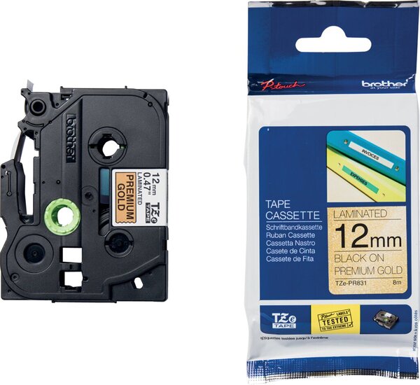 Farbb. P-Touch, 12mm/8m, gold/schwarz laminiert