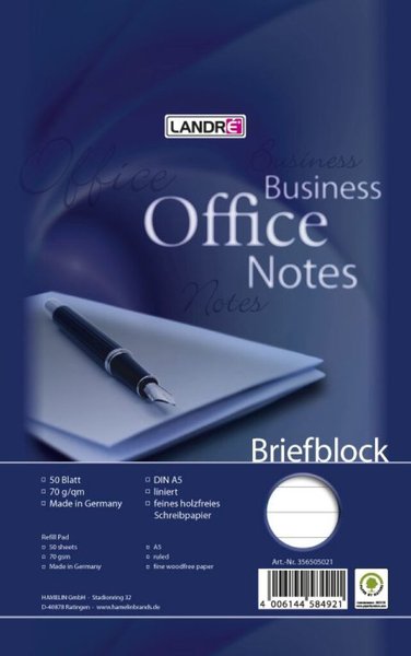 Briefblock Office A5/50 Bl., liniert, Lineatur 21, 70 g/qm