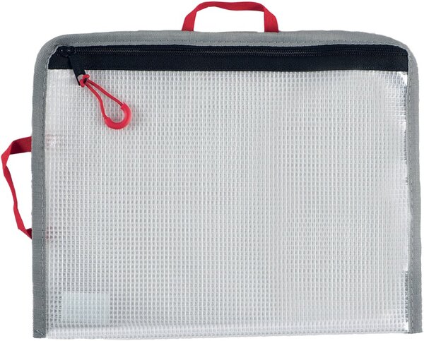 Bungee-Bag, A5, PVC-frei, grau/rot, PVC-frei, 2 rote Halteschlaufen zum