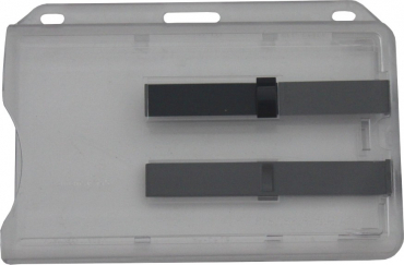 Kartenhalter / Cardholder / Namensschild, passend für 2 Karte, mit 2 Ausschiebern, mit 2 Ründlöchern und Langloch, aus Polykarbonat, Farbe: transparent/schwarz - 100 Stück