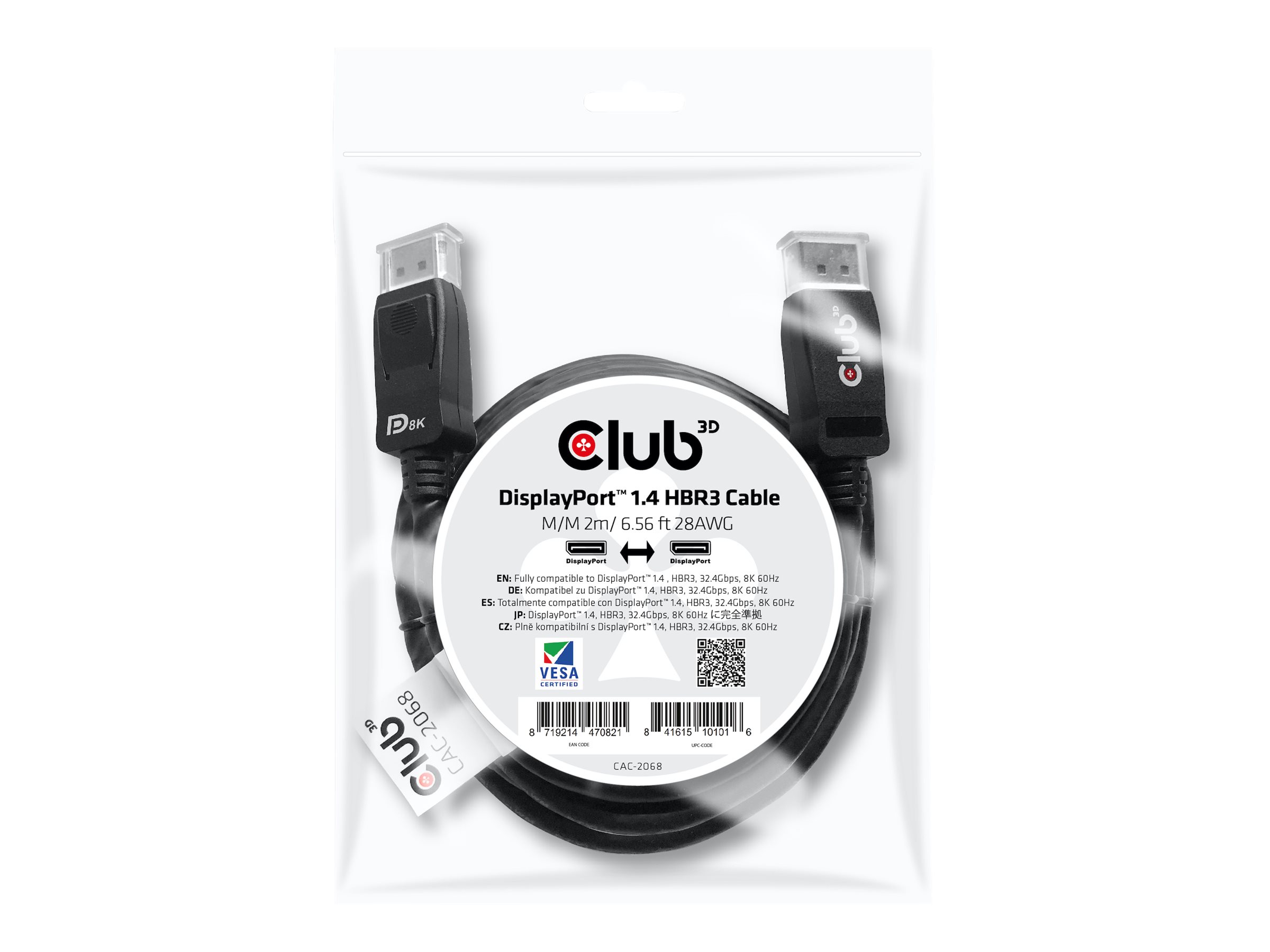 CLUB3D DisplayPort-Kabel 1.4 HBR3 32,4Gb/s   2m 8K60Hz St/St Polybeutel
