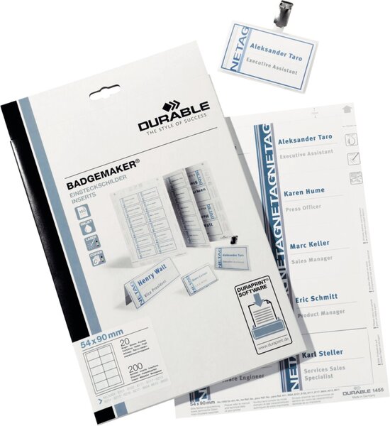 DURABLE - Namensbadge-Karten - weiß - 54 x 90 mm - 150 g/m2 - 200 Karte(n) (20 