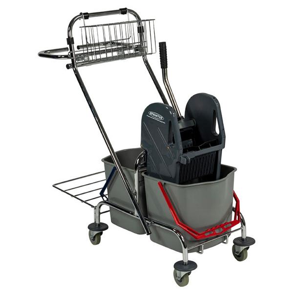 Doppel-Fahrwagen verchromt | 2 x 17 Liter <br>Reinigungswagen mit 2 x 17-Liter-Eimer, Ablagekorb, Presse, Abfalleinheit