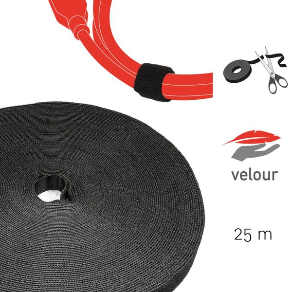 Doppelseitige Klettbandrolle, 25m x 16mm, schwarz, Klettkabel-
