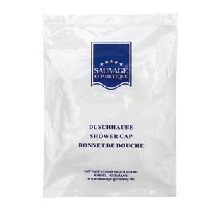 Duschhaube im weißen, bedruckten Sachet (weißer Kunststoffbeutel) | 100 Stück Duschhaube im weißen, bedruckten Sachet (weißer Kunststoffbeutel) | 100 Stück