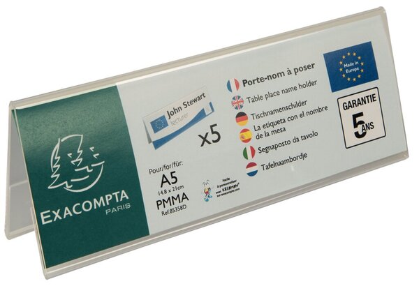 Tischnamenschild A5 quer, gefaltet transparent, aus Acryl, beidseitig