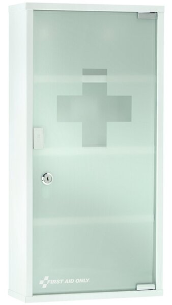 Erste-Hilfe-Schrank, weiß, Metall stoßfeste Glastür aus Milchglas