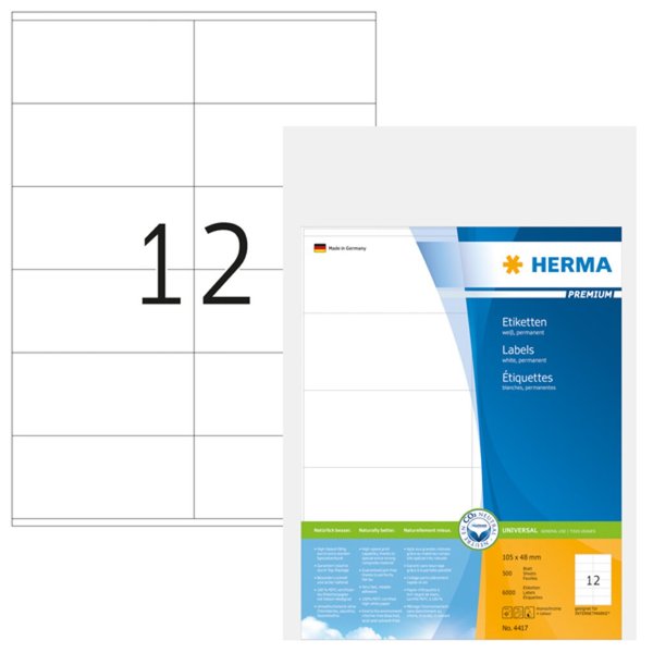 Etikett 105x48mm weiss PREMIUM A4 6000Et 500Bl 12Et Bl LaserInkCopy
