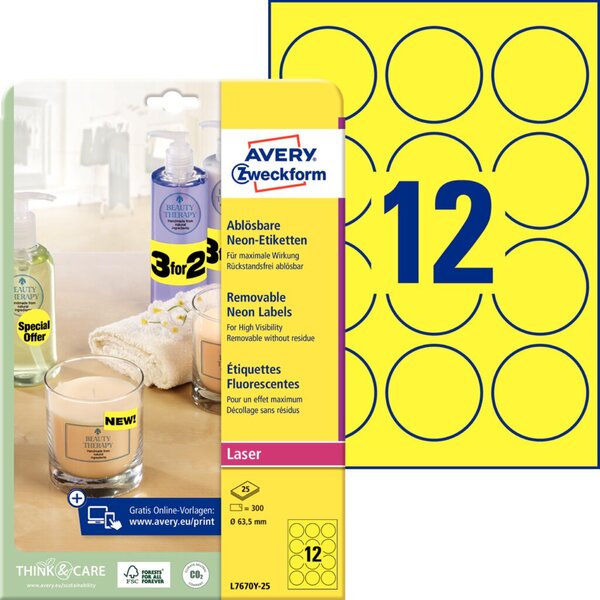 Etiketten Neon gelb rund 63,5mm