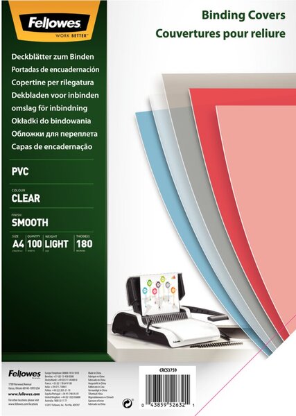 FELLOWES - A4 (210 x 297 mm) - 180 Mikron klar - 100 Stck. Einbanddeckel aus PV