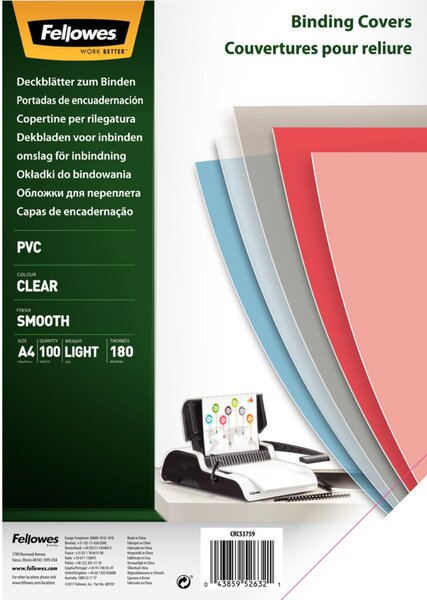 FELLOWES - A4 (210 x 297 mm) - 180 Mikron klar - 100 Stck. Einbanddeckel aus PV