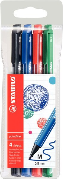 Filzschreiber pointMax 4er, 0,8mm Strichstärke, Nylonspitze, Kappe