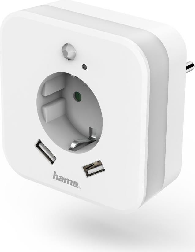 HAMA Nachtlicht mit Steckdose und USB, 2,4A, 2 Ausgänge, Helligkeitssensor (001