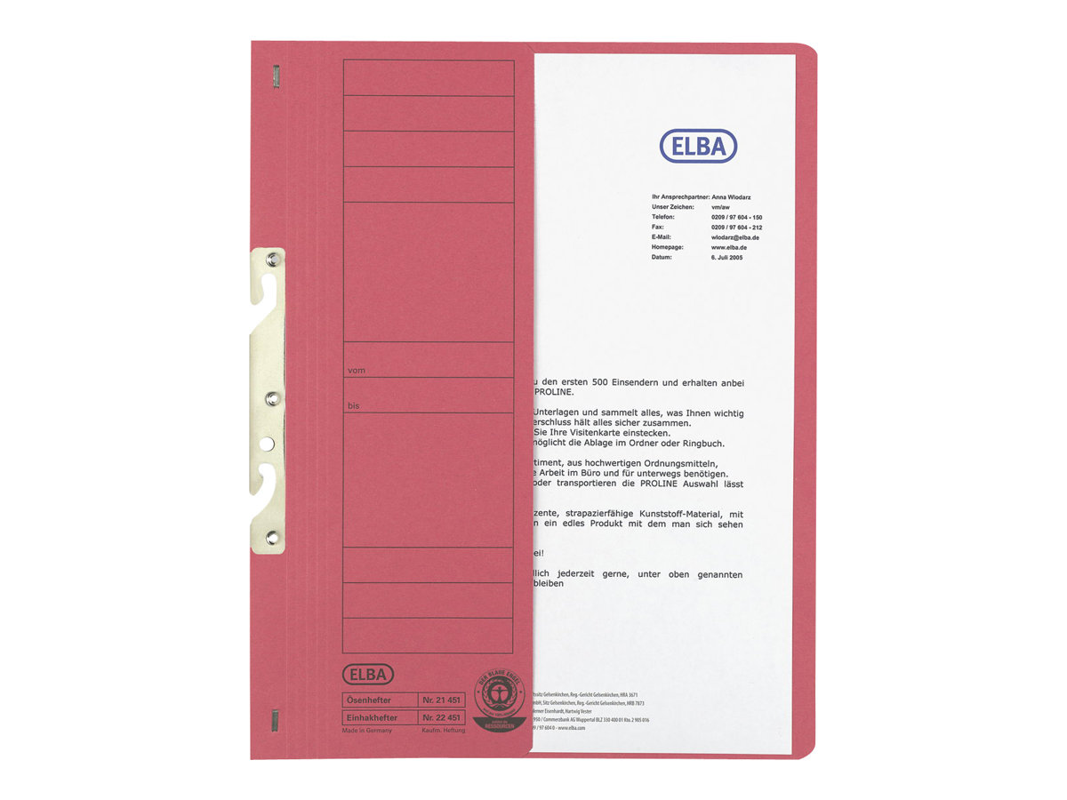 HAMELIN ELBA Einhakhefter aus Karton, rot, kaufmännische Heftung halber Vorderd