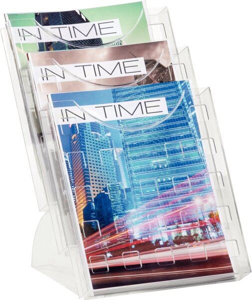 HELIT 3er Tisch-Prospekthalter, DIN A4 hoch, glasklar bestehend aus 3 Prospekth