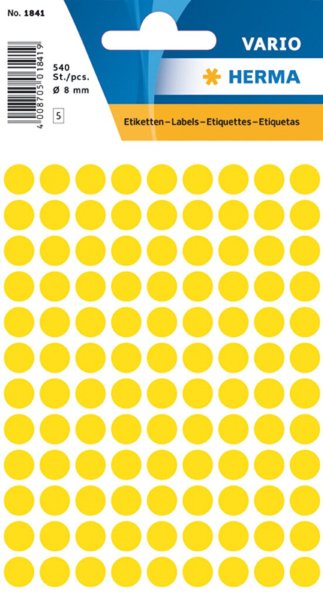 HERMA - Papier - selbstklebend - Gelb - 8 mm rund 540 Etikett(en) (5 Bogen x 10