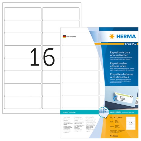 HERMA Adressetiketten A4 weiß 99,1x33,8 mm 1600 St.