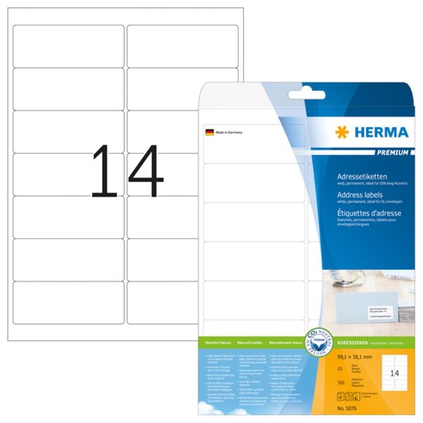 HERMA Adressetiketten A4 weiß 99,1x38,1 mm Papier 350 St.