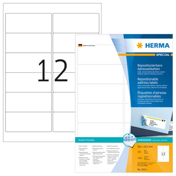 HERMA Adressetiketten A4 weiß 99,1x42,3 mm ablösb. 1200 St.