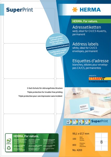 HERMA Adressetiketten A4 weiß 99,1x67,7   mm Papier 800 St.