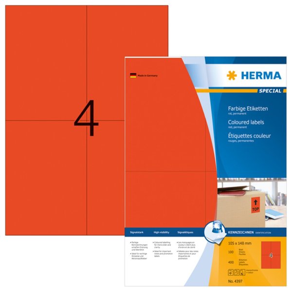 HERMA Etiketten A4 rot  105x148 mm Papier matt  400 St.