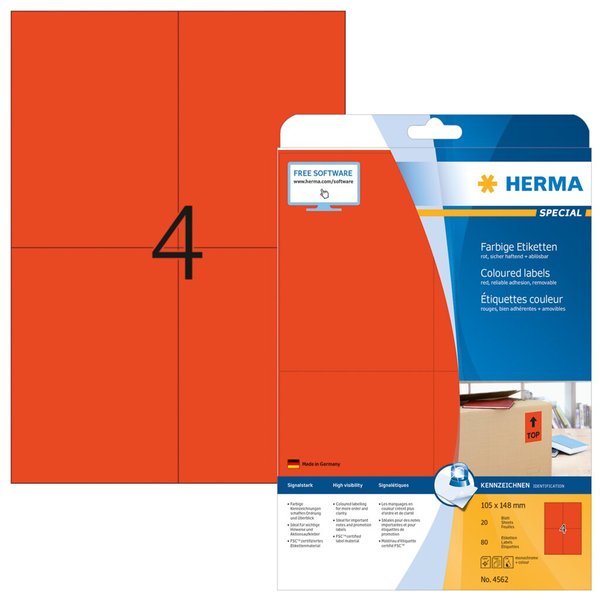 HERMA Etiketten A4 rot  105x148mm Papier matt ablösbar 80St.