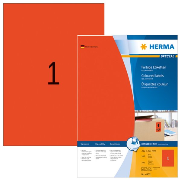 HERMA Etiketten A4 rot  210x297 mm Papier matt  100 St.