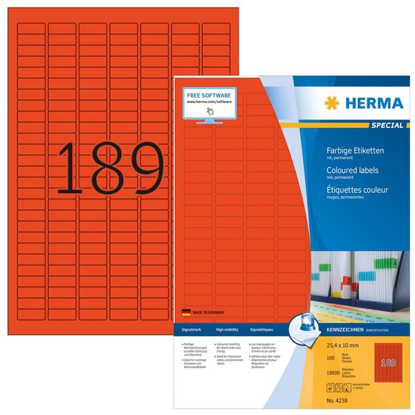HERMA Etiketten A4 rot 25,4x10 mm Papier matt 18900 St.