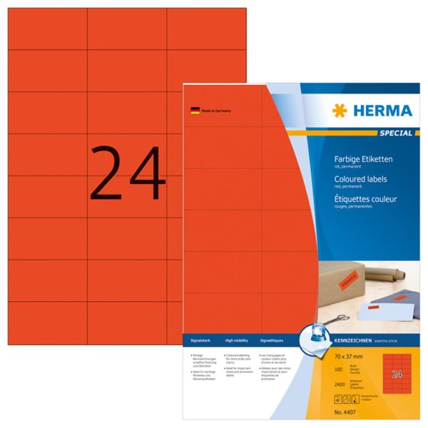 HERMA Etiketten A4 rot  70x37   mm Papier matt 2400 St.