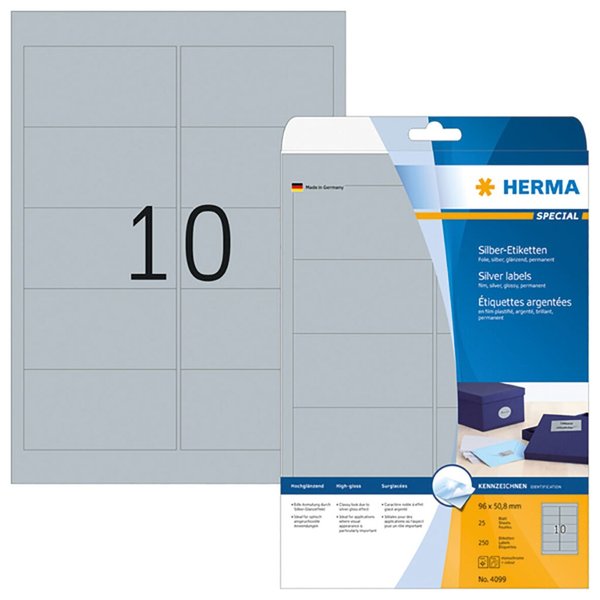 HERMA Etiketten A4 silber 96x50,8   mm Folie glänz.  250 St.