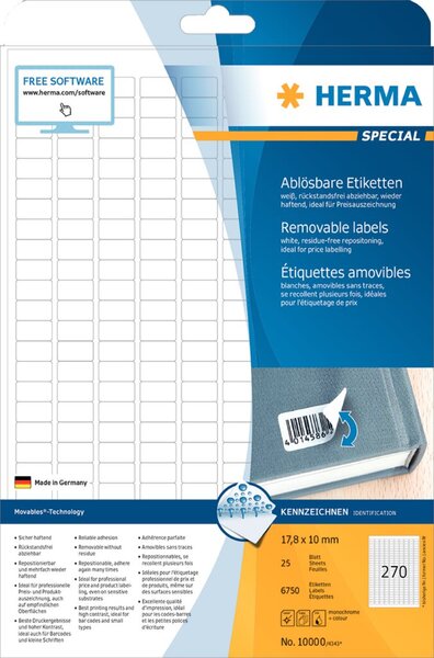 HERMA Etiketten A4 weiß 17,8x10  mm ablösbar Papier 6750 St.