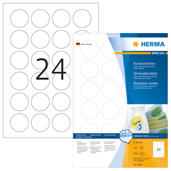 HERMA Etiketten A4 weiß 40 mm rund ablösb. Papier 2400 St.
