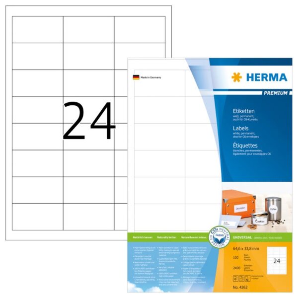 HERMA Etiketten A4 weiß 64,6x33,8 mm Papier 2400 St.