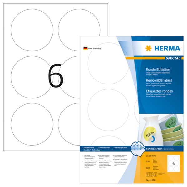 HERMA Etiketten A4 weiß 85 mm rund ablösb. Papier  600 St.