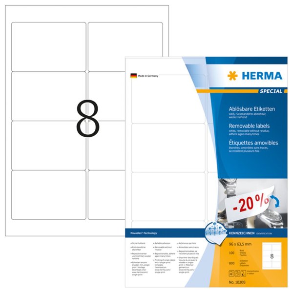 HERMA Etiketten A4 weiß 96x63,5   mm ablösbar Papier 800 St.