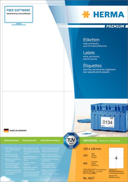 HERMA Etiketten Premium A4 weiß 105x148  mm Papier  800 St.