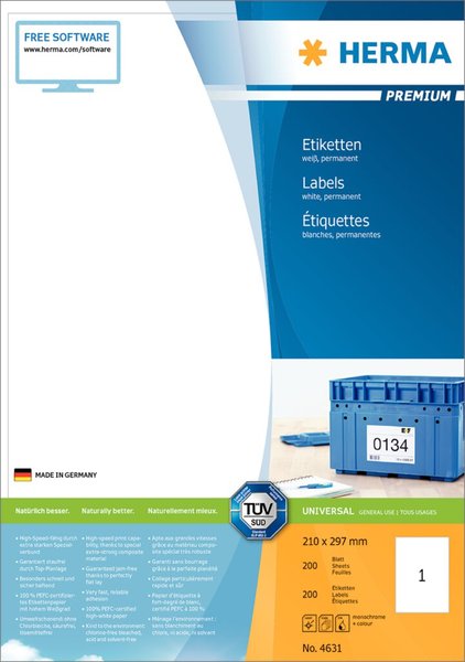 HERMA Etiketten Premium A4 weiß 210x297 mm Papier  100 St.