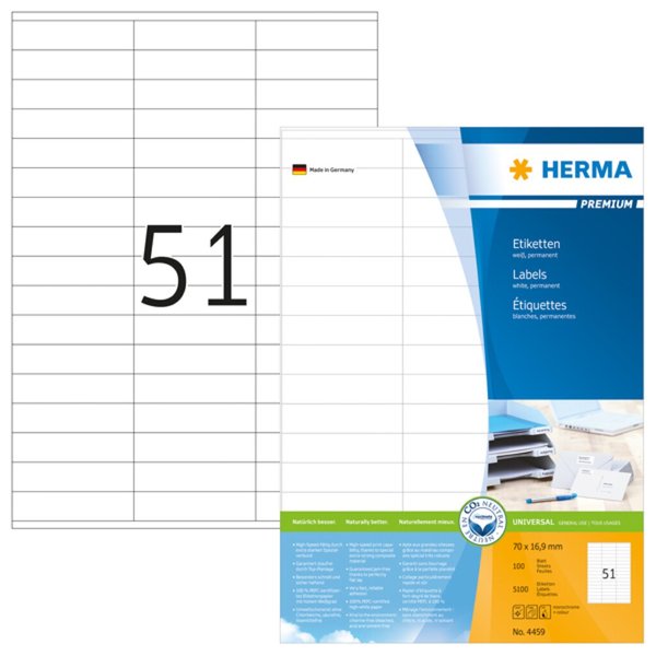 HERMA Etiketten Premium A4 weiß 70x16,9 mm Papier 5100 St.