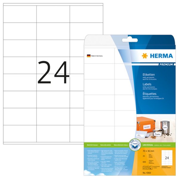 HERMA Etiketten Premium A4 weiß 70x36   mm Papier 600 St.