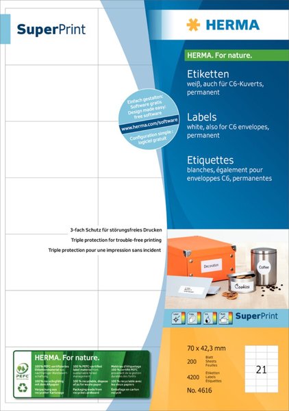 HERMA Etiketten Premium A4 weiß 70x42,3  mm Papier 4200 St.