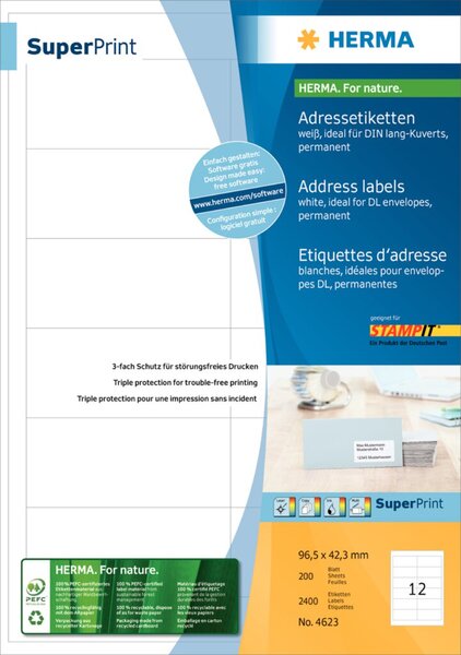 HERMA Etiketten Premium A4 weiß 97x42,3  mm Papier 2400 St.