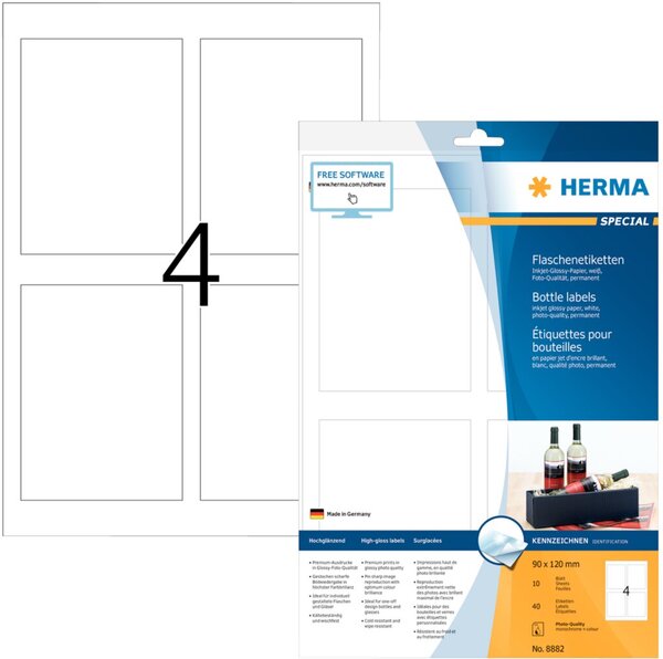 HERMA Flaschenetik. A4 Inkjet weiß 90x120 mm glänz. 40 St.