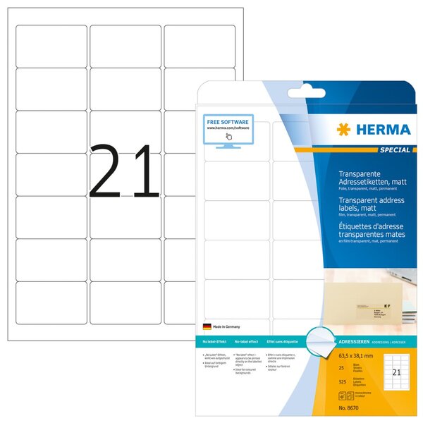 HERMA Folien-Etiketten SPECIAL, 63,5 x 38,1 mm, transparent mit Rand, Polyester