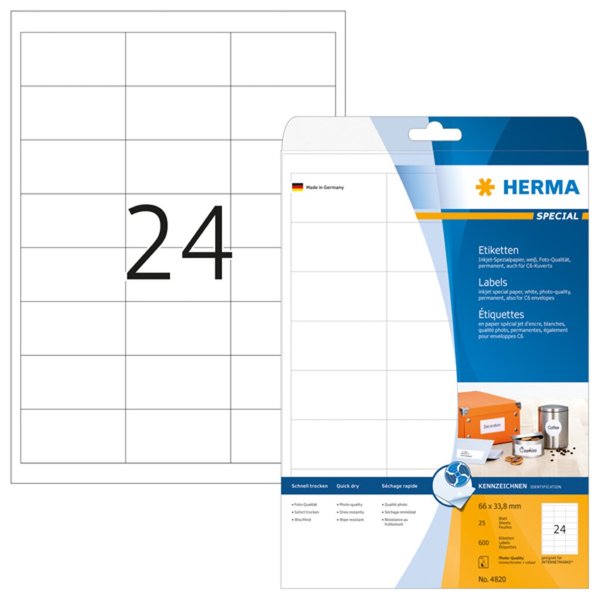 HERMA Inkjet-Etiketten A4 weiß 66x33,8   mm Papier  600 St.