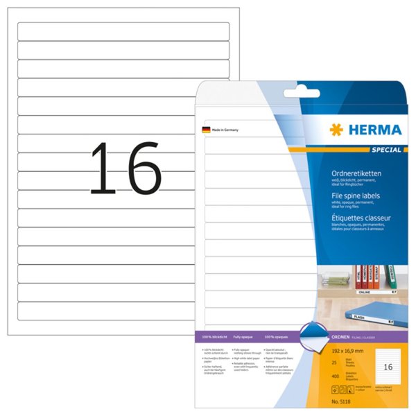 HERMA Ordneretik. A4 weiß 192x16,9 mm Papier opak 400 St.