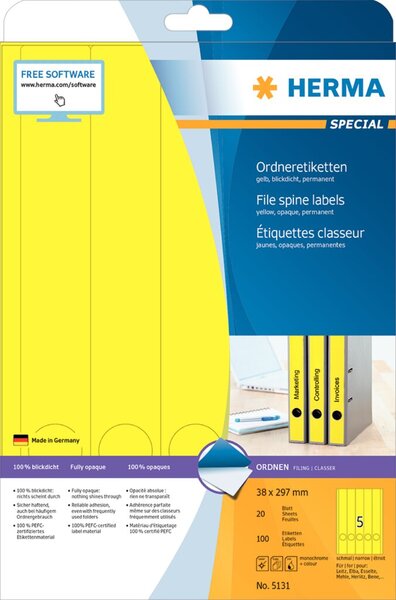 HERMA Ordneretiketten A4 gelb 38x297 mm Papier opak 100 St.